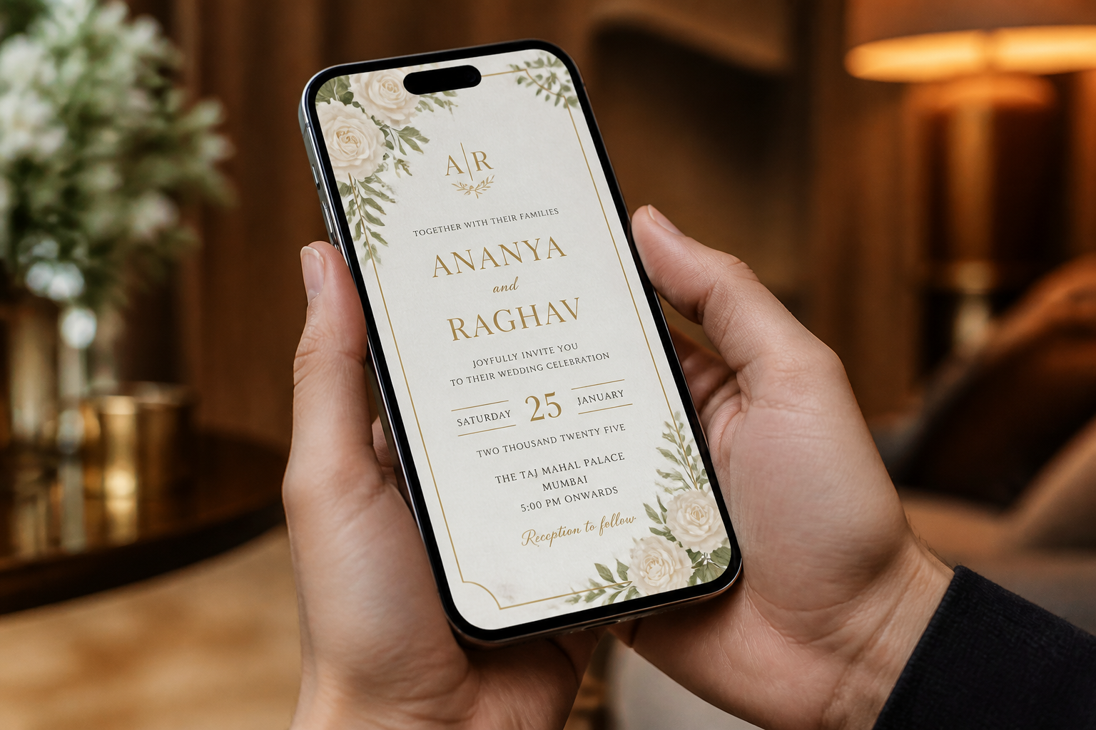 A contemporary mobile wedding invitation interface on a smartphone.