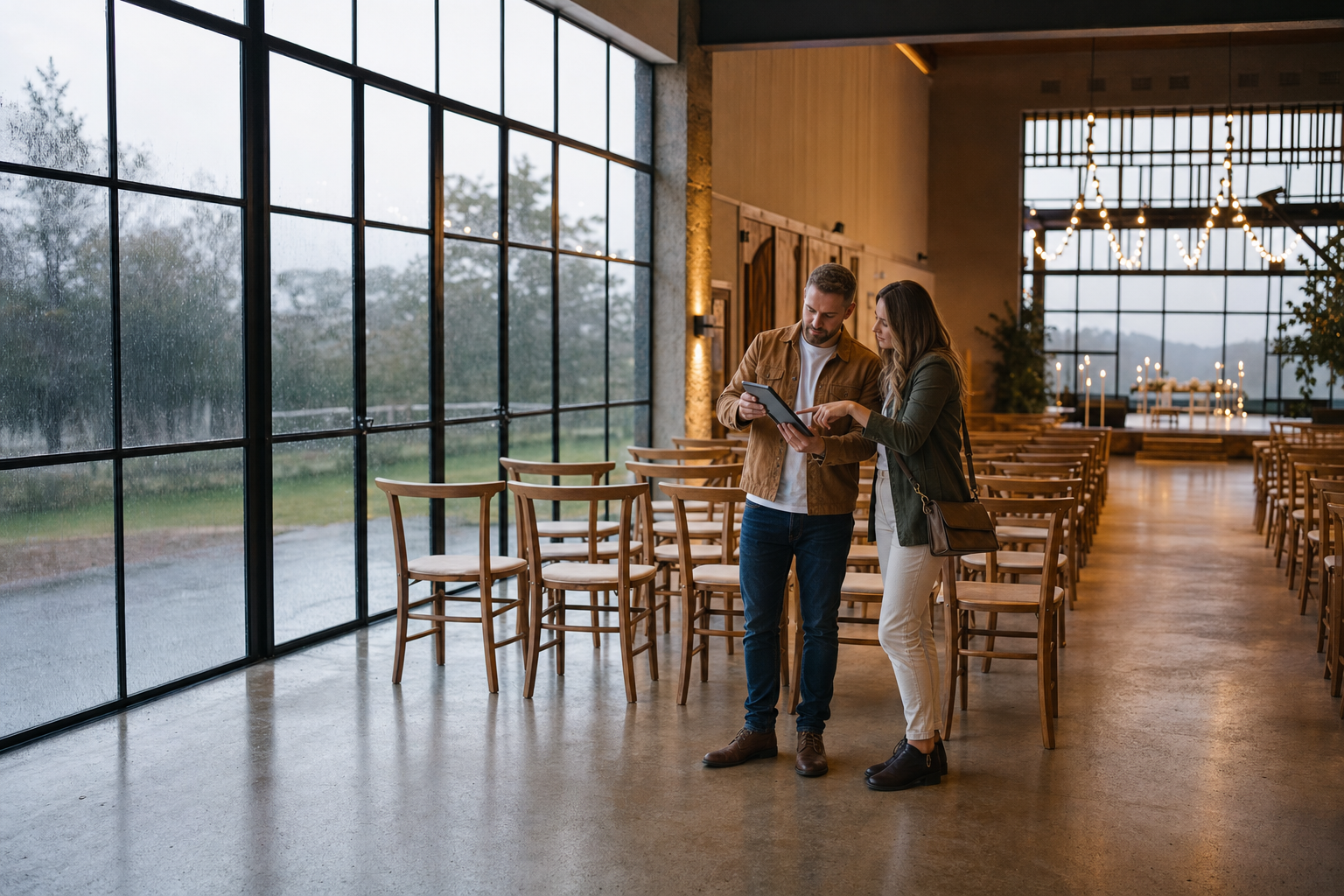 A sophisticated indoor wedding ceremony backup space with large windows and modern wooden seating.