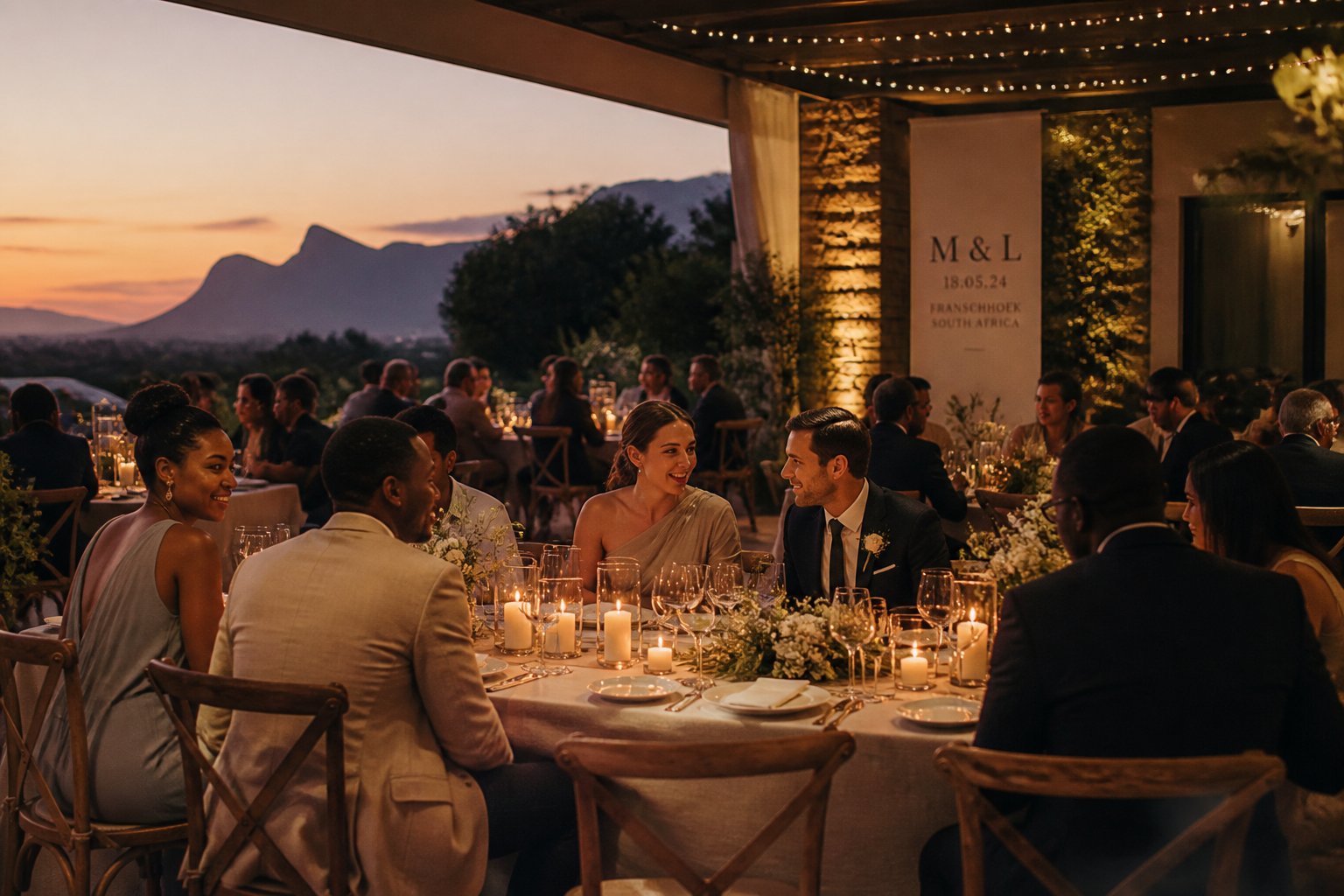 Sophisticated South African wedding reception with warm candlelight and an intimate atmosphere.