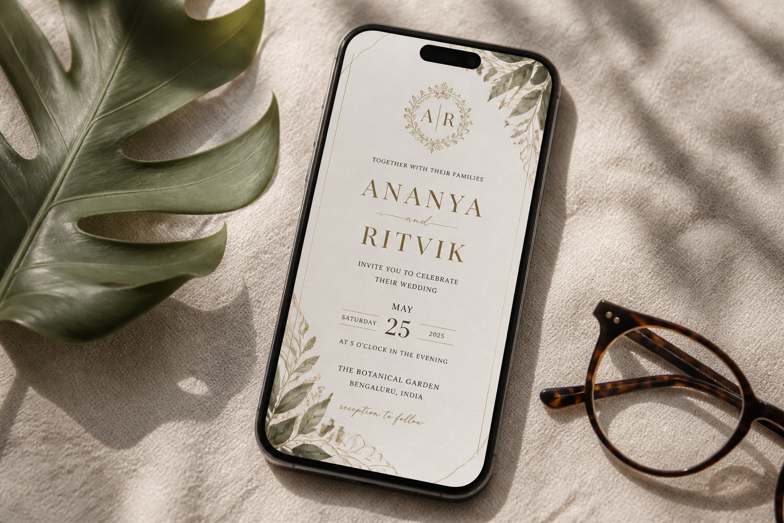 A modern wedding website displayed on a smartphone, highlighting digital stationery.