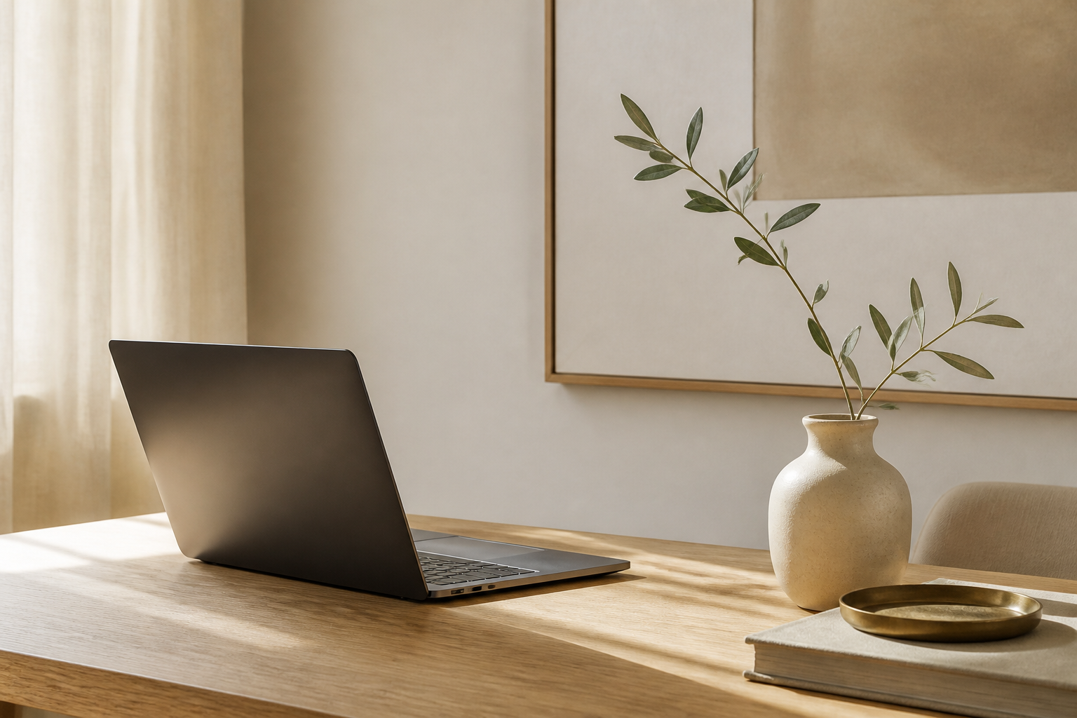 Minimalist and sophisticated digital planning workspace with a laptop and olive branch.