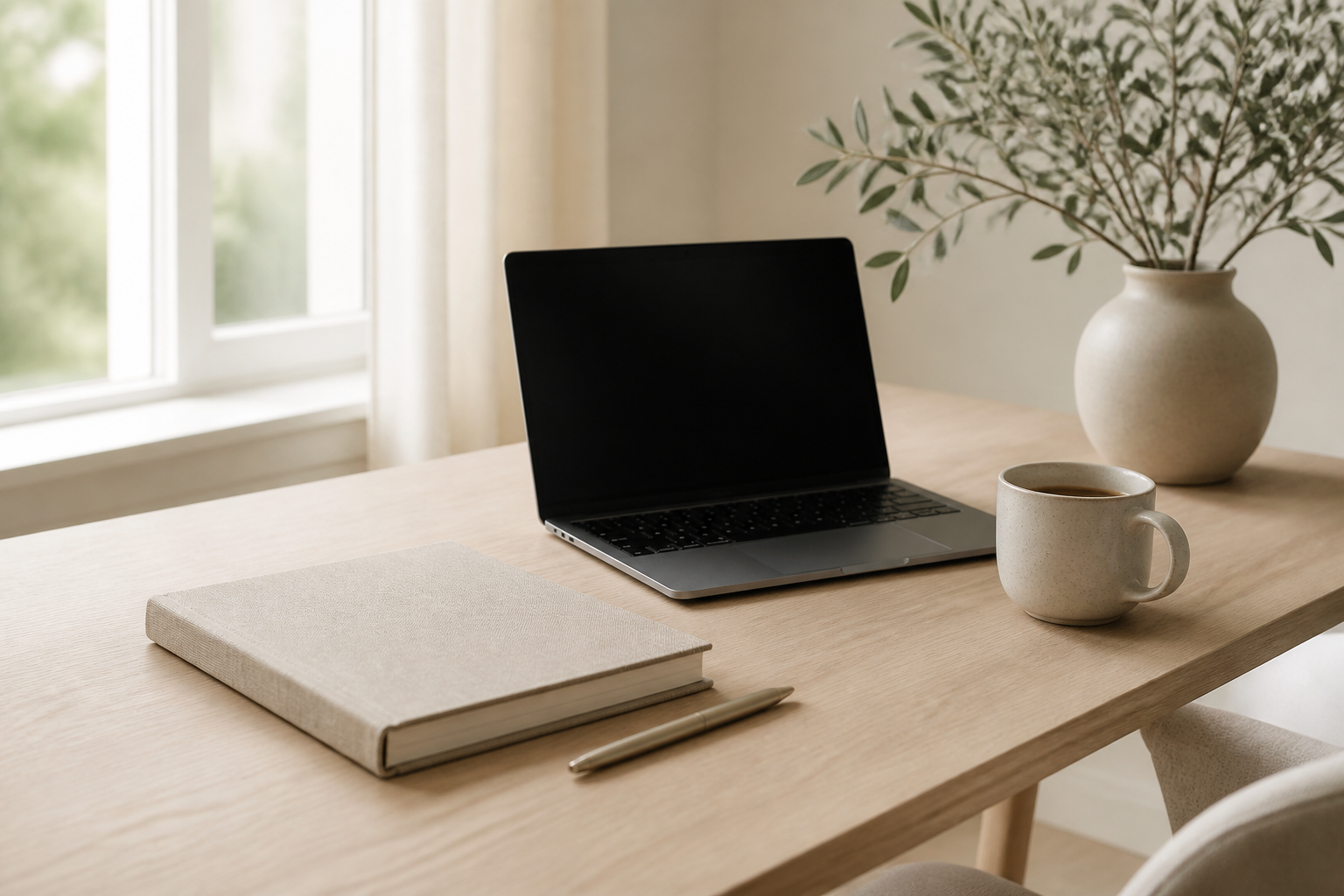 A premium minimalist workspace with a laptop and wedding planner representing professional wedding website design.