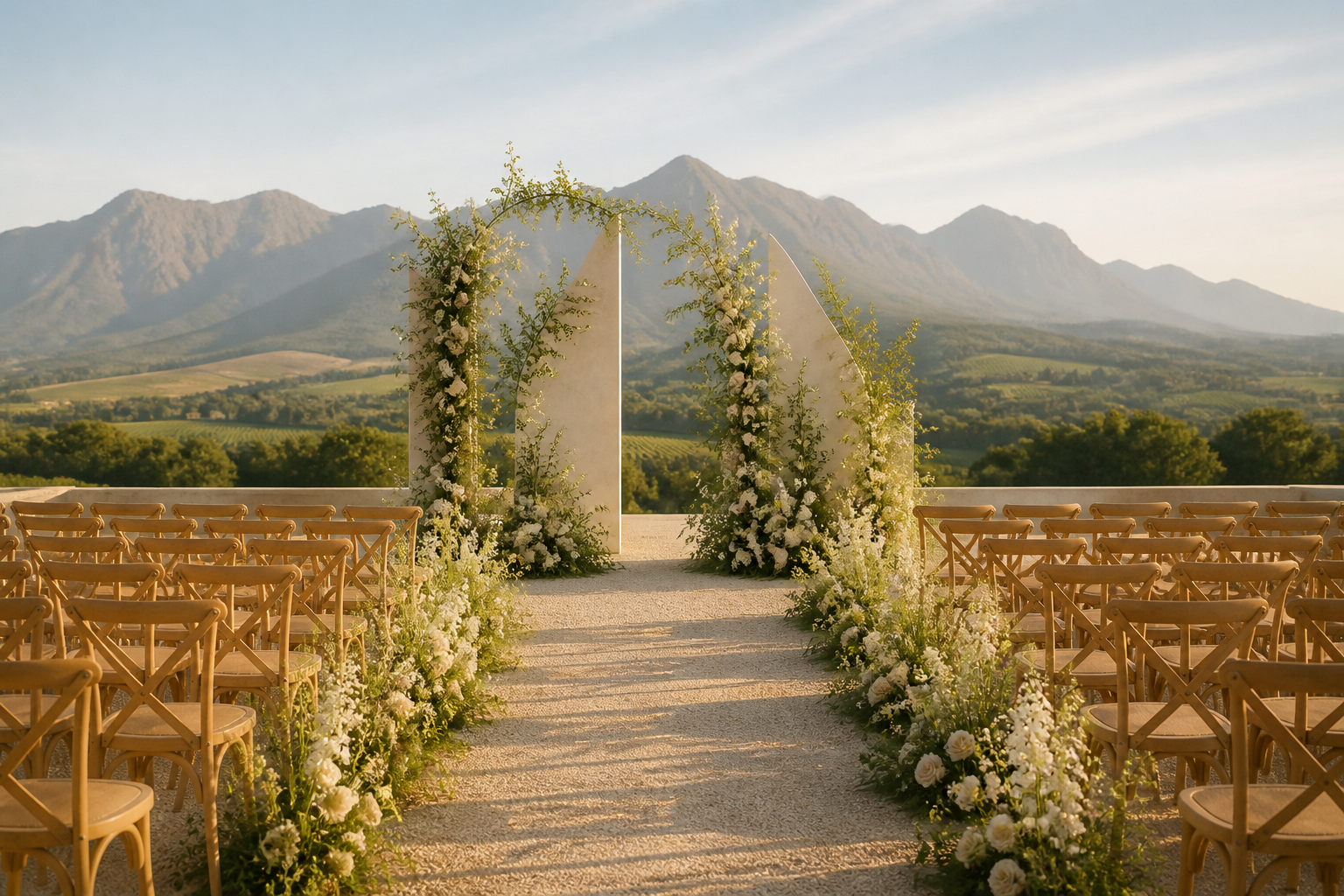 A sophisticated outdoor wedding ceremony setup in South Africa with minimalist decor and warm natural lighting.