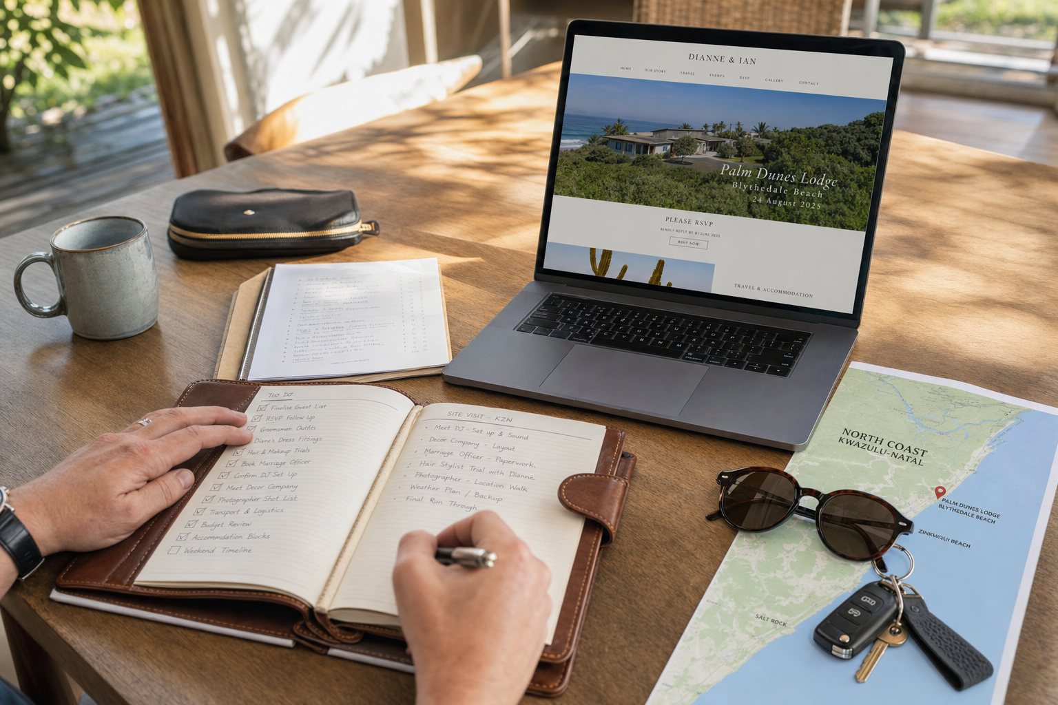 A curated workspace showing a laptop with a wedding website, a KZN map, and a leather planner, representing the planning stages of a destination wedding.