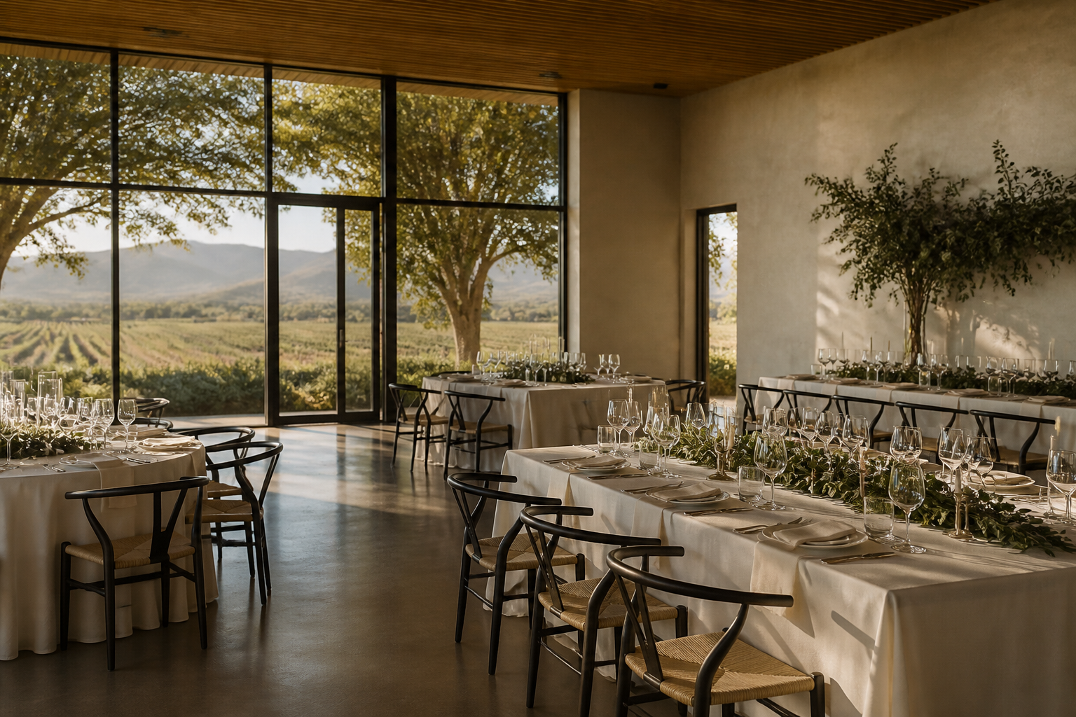 A sophisticated, minimalist wedding table setting with ivory linens and olive accents in a modern South African venue.
