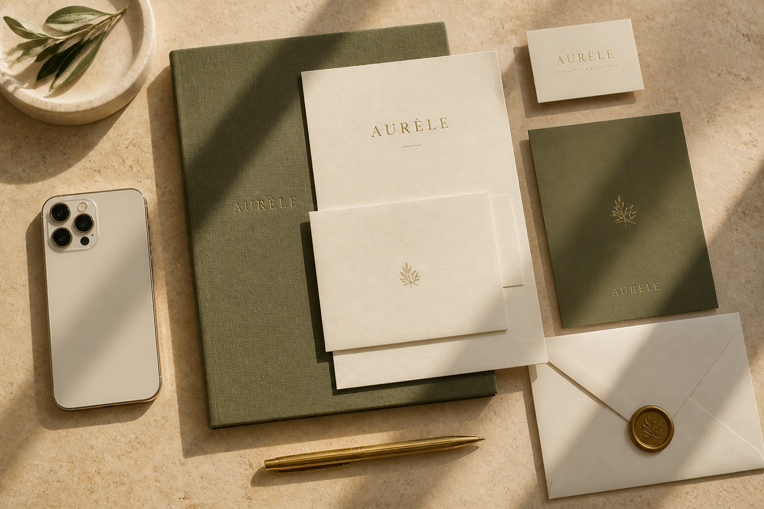 A sophisticated digital and physical wedding invitation suite layout on a neutral stone background.