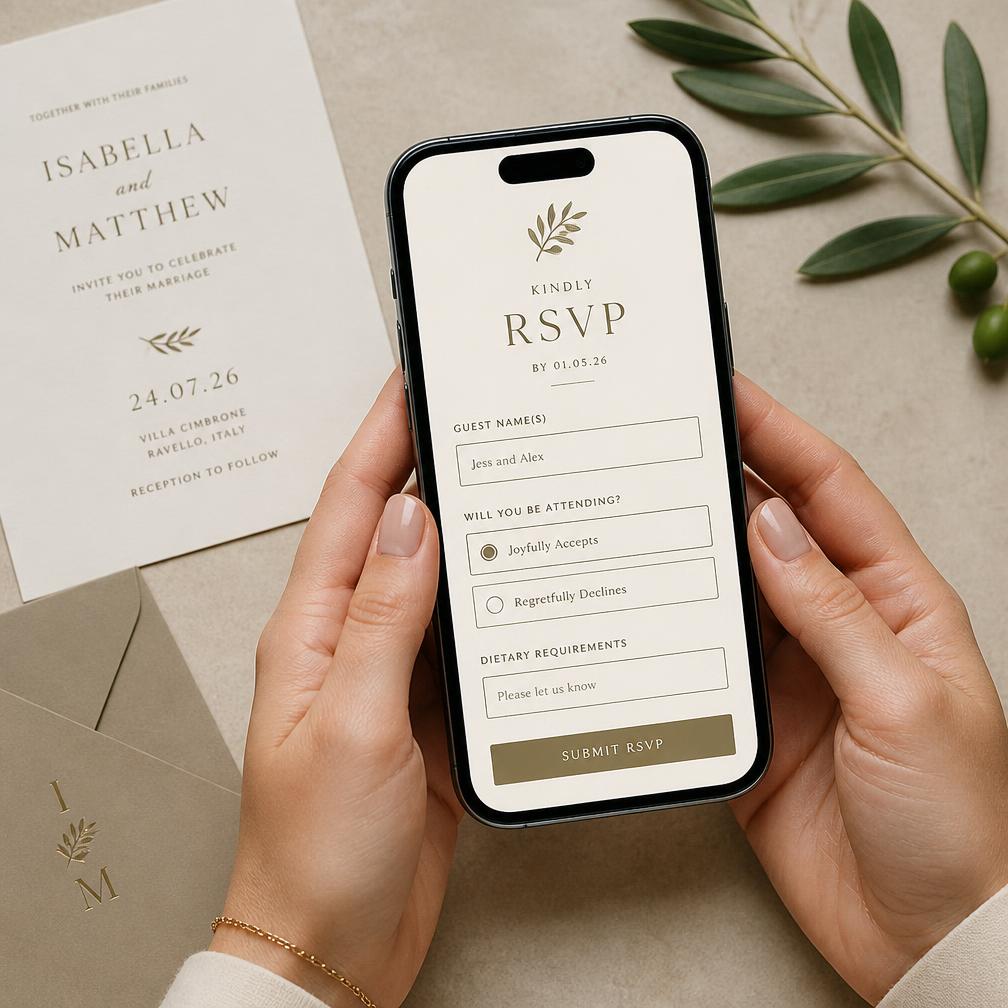 Hands holding a phone showing a clean wedding RSVP screen beside neutral stationery