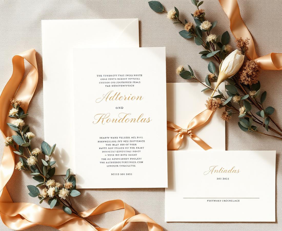 Elegant champagne and gold wedding invitation suite flat lay