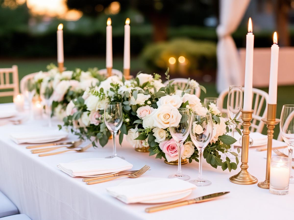 Elegant wedding reception table with neutral styling and candlelight
